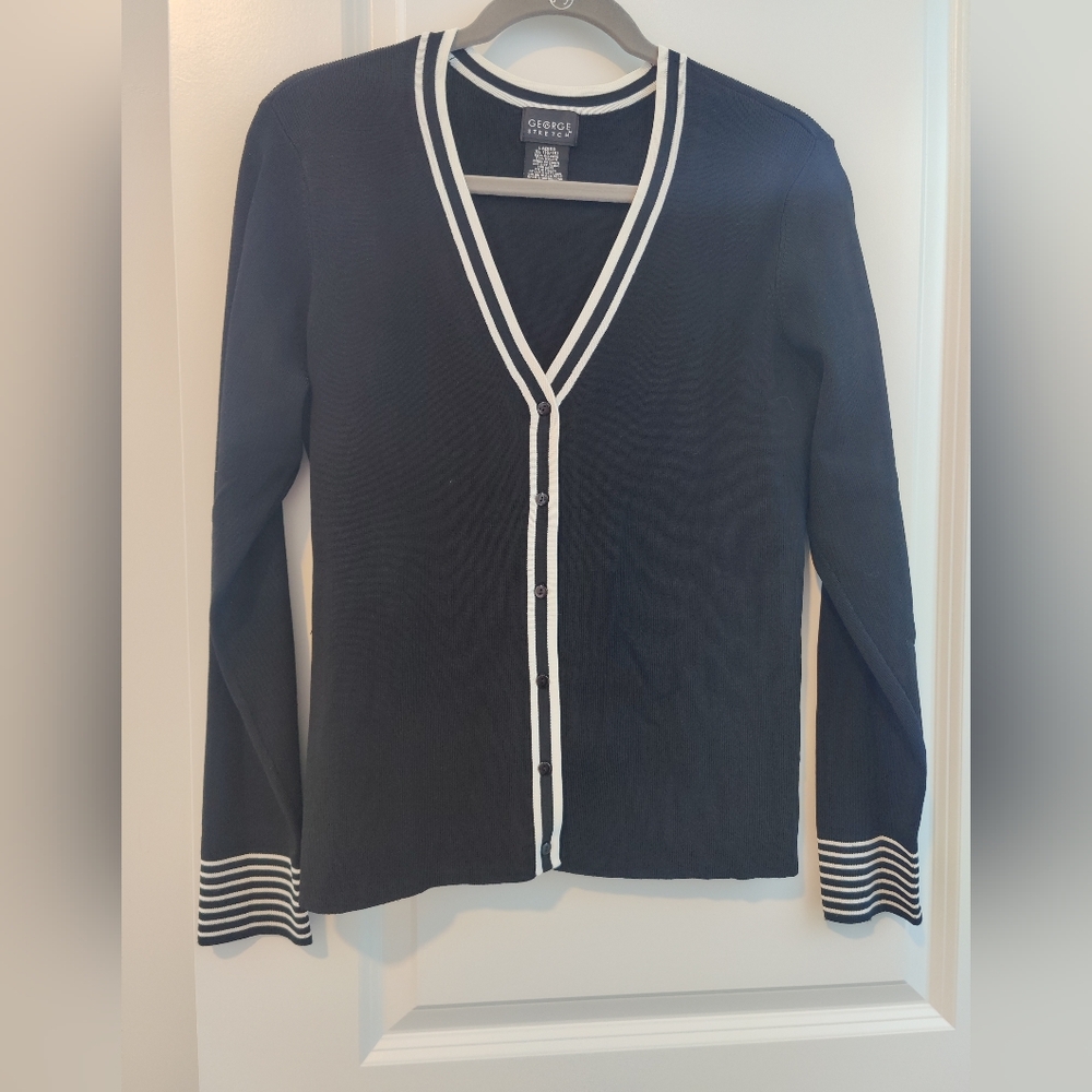 George Stretch Cardigan Sweater Jacket Button Up Black & White Size XL